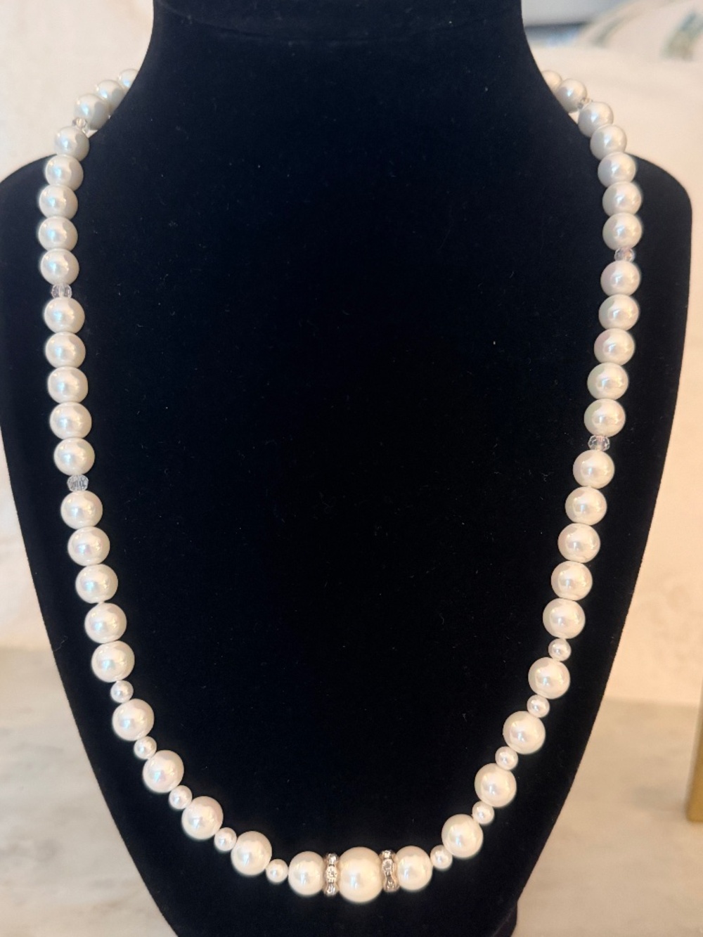 Beautiful Bridal Backdrop Pearl Necklace with interspersed Crystal Rondelles